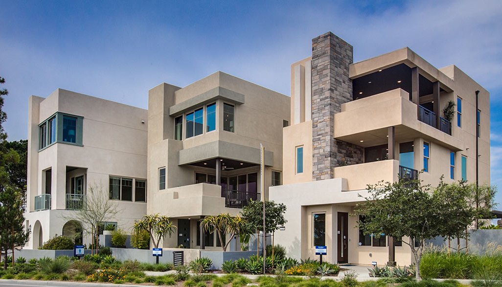 Modern style condominiums with brick chimney