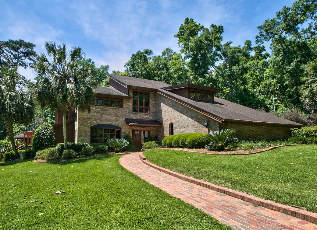 Brick house with a sloped roofline