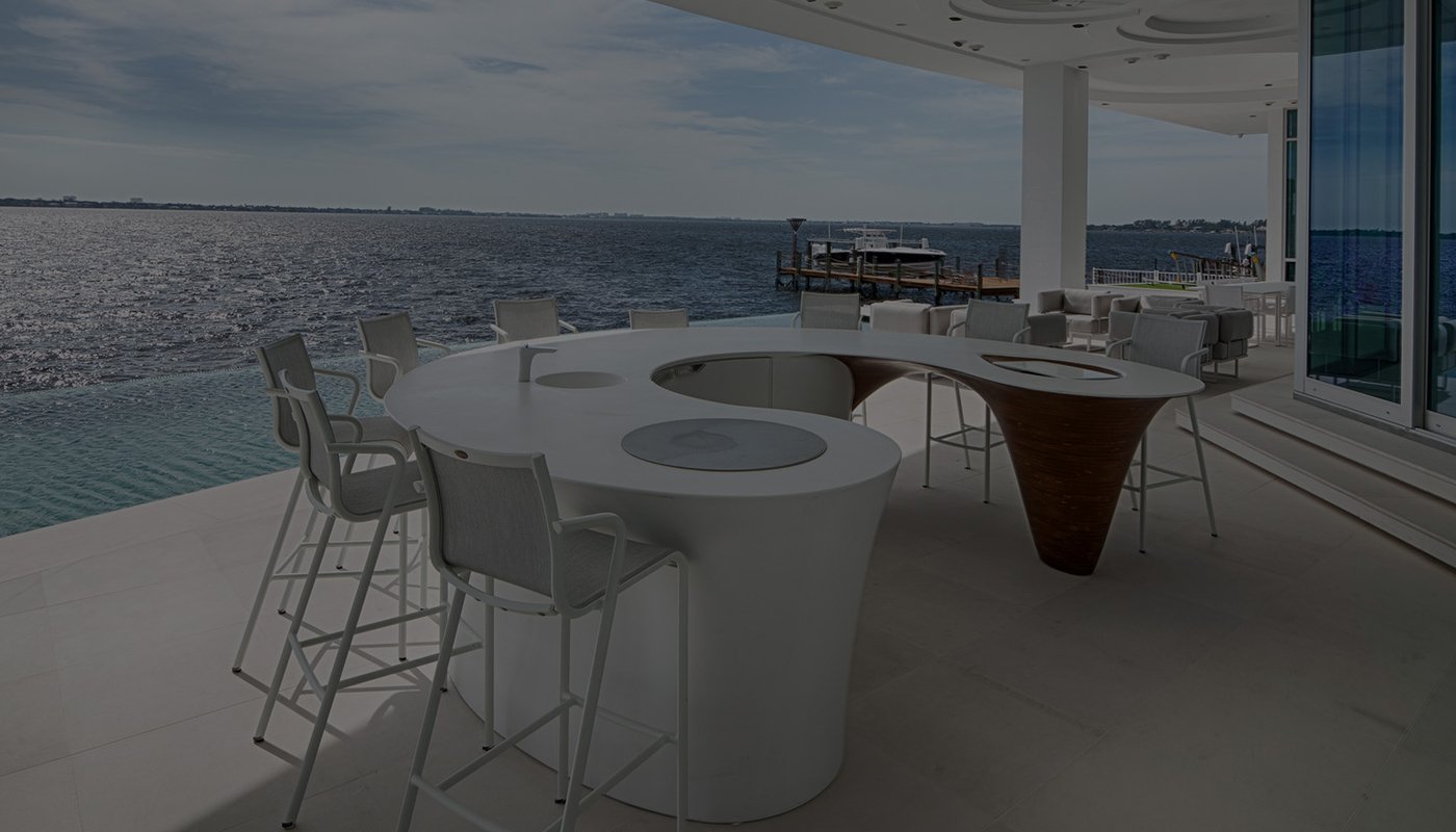Modern waterfront patio with a panoramic view of the ocean