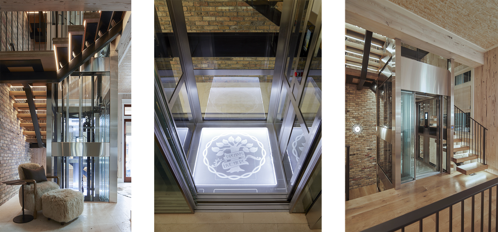 Modern glass residential elevator shown from multiple angles inside a home