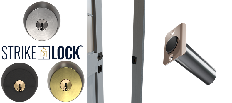 StrikeLock branding with various lock cylinder finishes