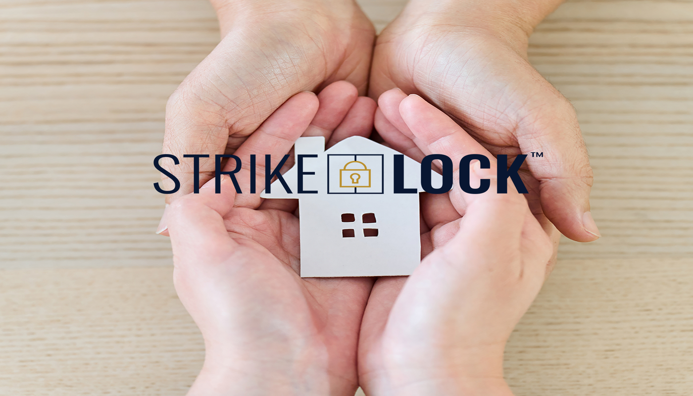 Two pairs of hands holding a small paper house with the StrikeLock logo overlayed