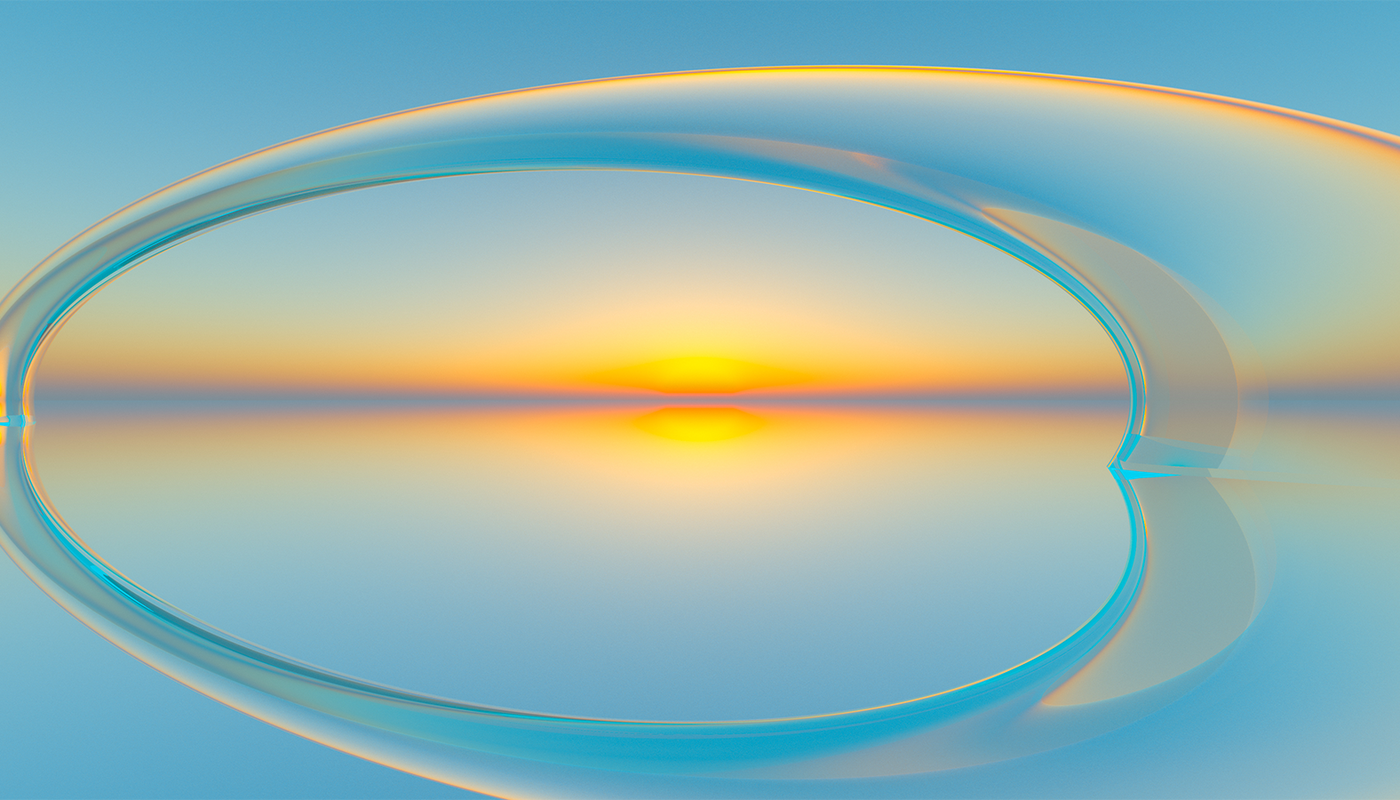 Abstract mirrored arch reflecting a colorful sunrise over calm water.